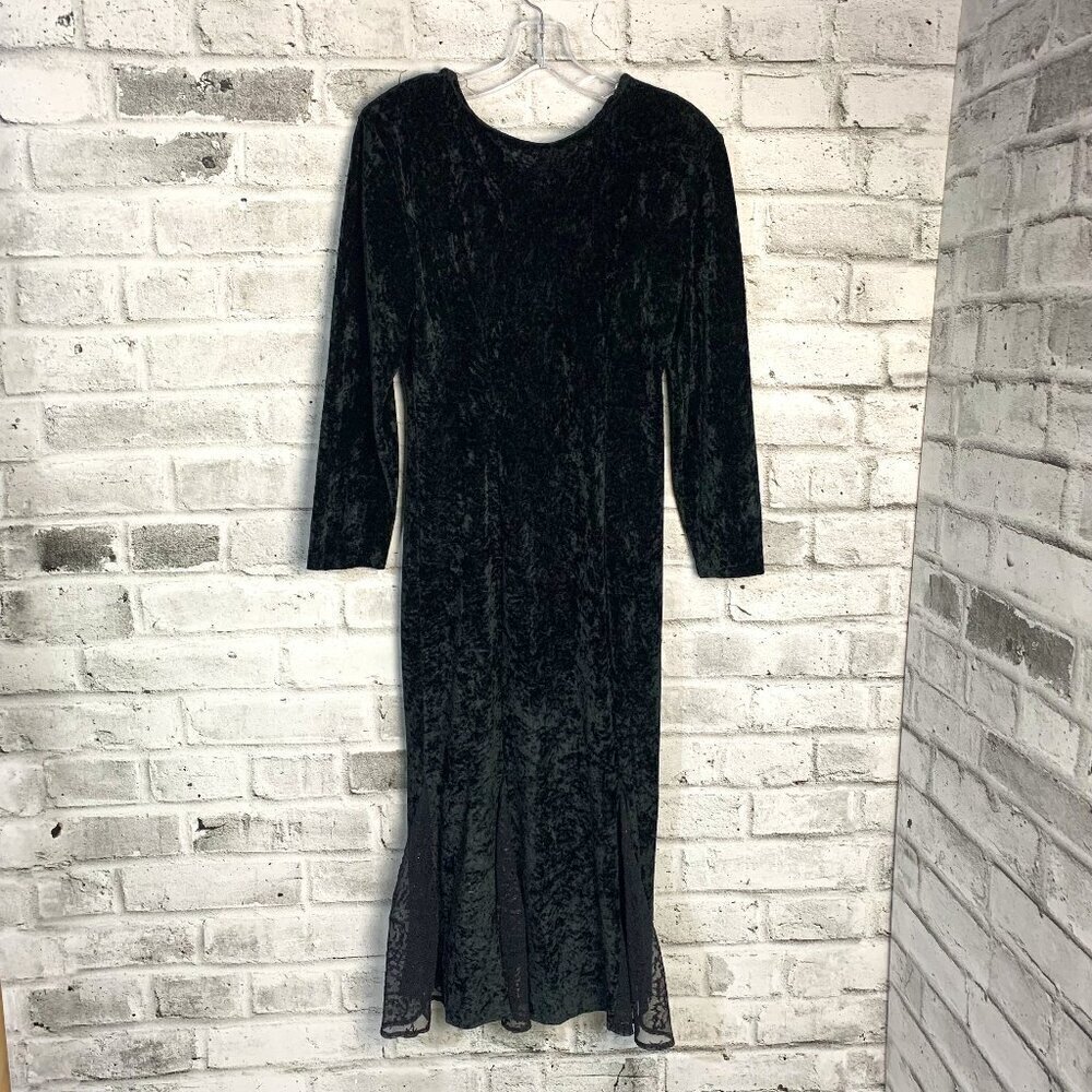 Vintage Black Crushed Velvet Fit and Flare Midi Witchy Dress